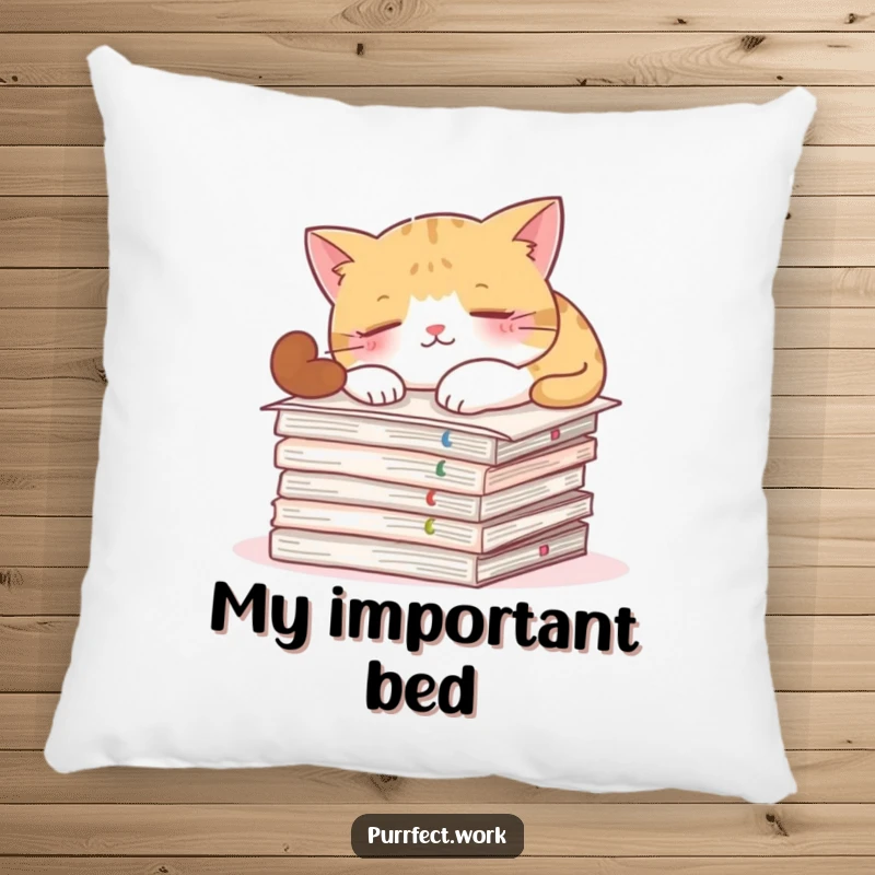 Funny pillow featuring a cat napping on important documents, offering comfort and a symbol of feline authority.