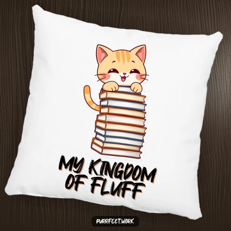 Funny pillow featuring a mischievous cat grinning while climbing a stack of files, ideal for adding charm to sofas.