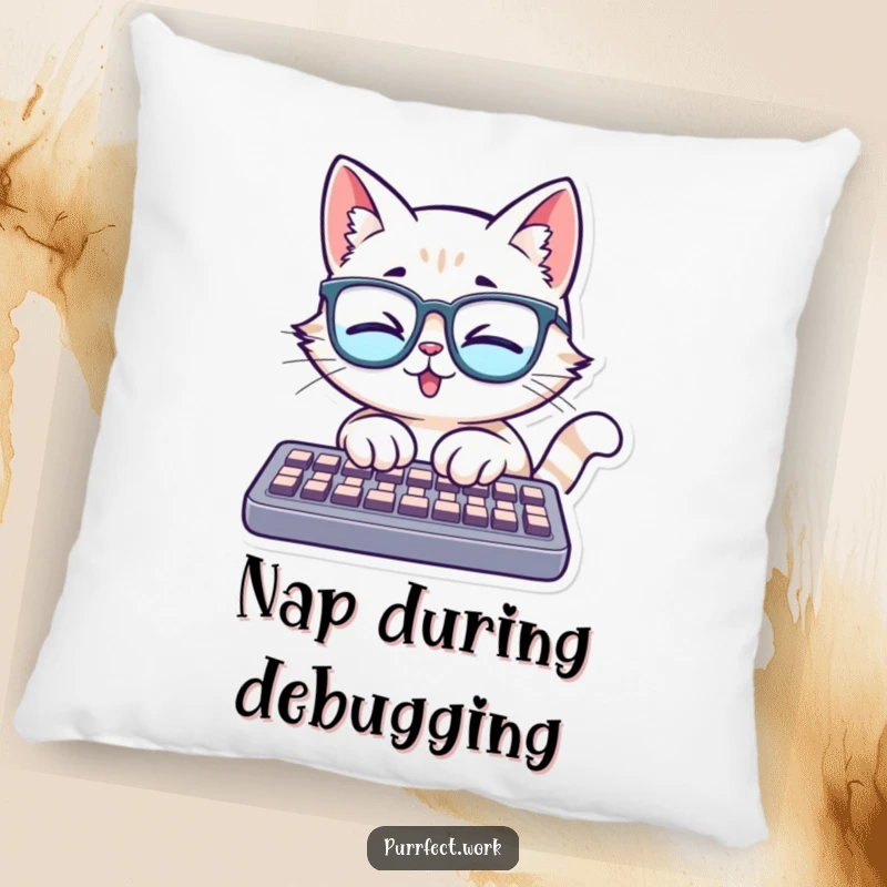 Funny pillow depicting a cat with glasses, typing with great enthusiasm on a keyboard, adding a touch of learned humor to any space.
