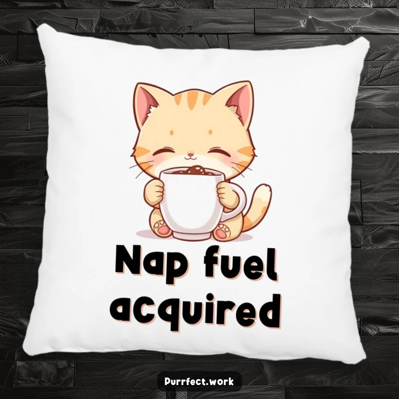 Funny cat pillow, adorable character joyfully sips from a tiny coffee mug, soft decor for ultimate comfort and humor.