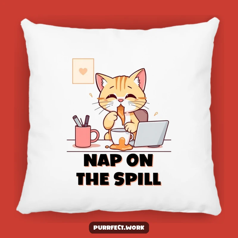 Funny Coffee Spill Cat Pillow: Snuggle Up with Hilarious Caffeine Chaos