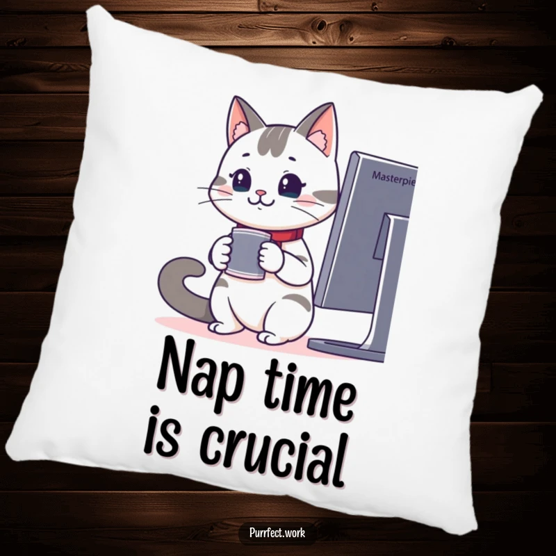 Funny pillow featuring a happy office cat with coffee, attentively watching a screen, ideal for adding charm to sofas.