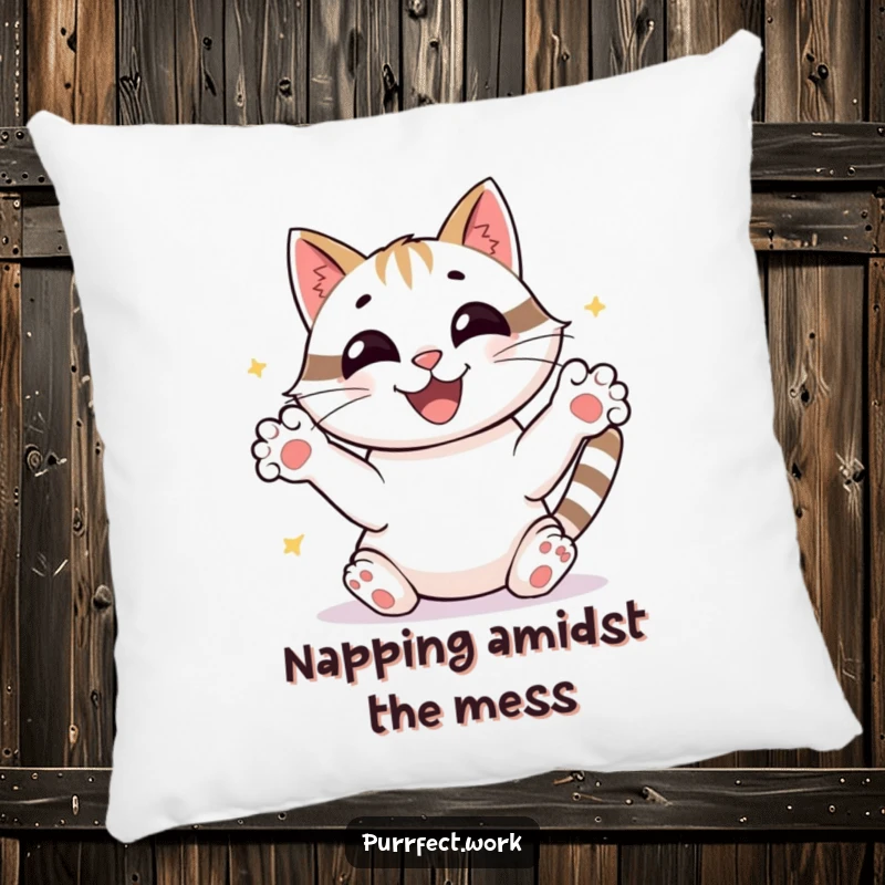 Funny joyful cat sorting papers with frantic paws, beaming, a soft and humorous pillow for a funny gift.