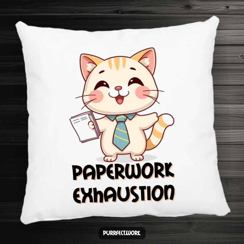 Funny decorative pillow featuring a happy cat in a small tie, holding a stack of papers, adding a touch of humor to decor.