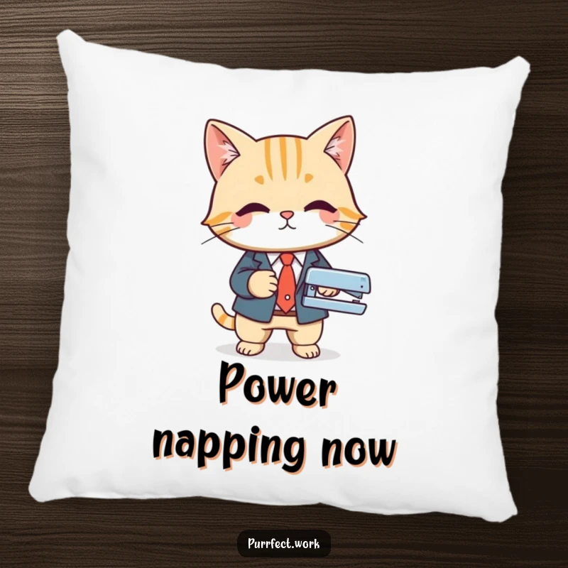 Funny pillow design of a cat in a business suit using a stapler, adding sophisticated and humorous decor to any room.