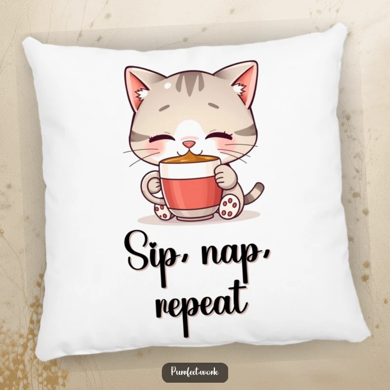 Funny cat coffee pillow featuring a happy cat drinking from a small mug, bringing comfort, joy, and a touch of humor to any space.