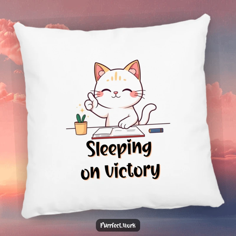 Funny pillow featuring a cat at a desk giving a triumphant thumbs-up, symbolizing cozy success.
