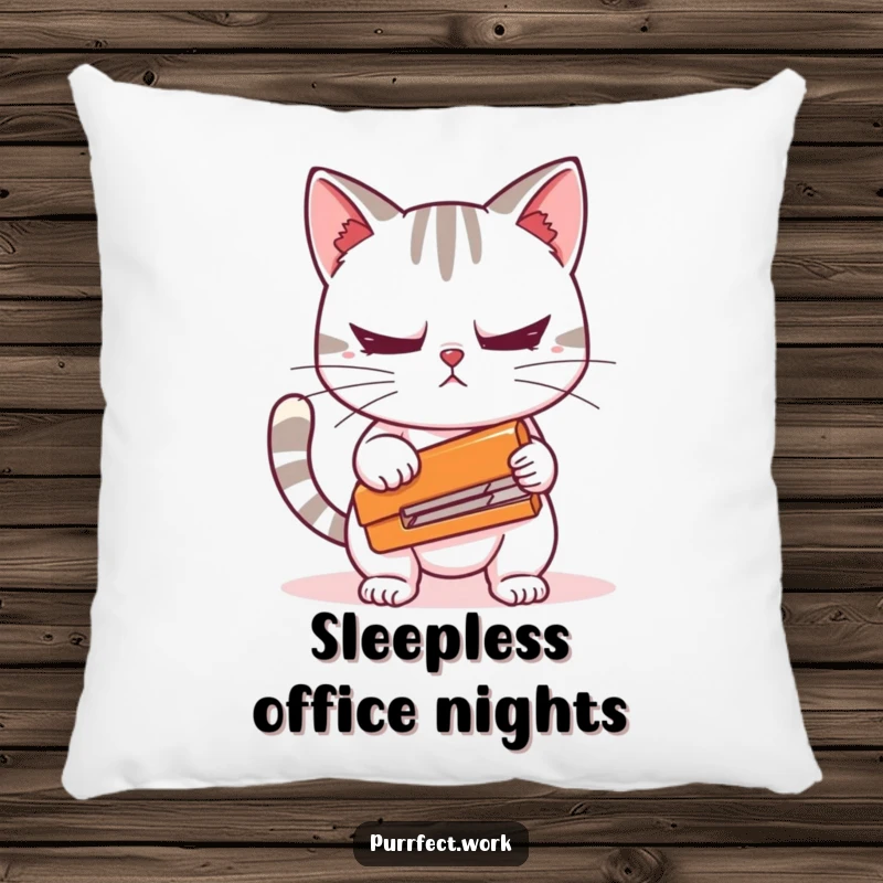 Funny pillow with a cat character nervously holding a stapler, offering comfort and humor for home decor, a great gift.