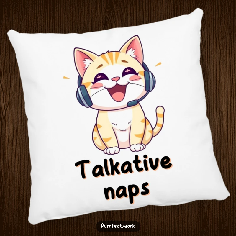 Funny cat wearing a headset, talking animatedly, designed on a soft pillow, adding a touch of cheerful comfort.