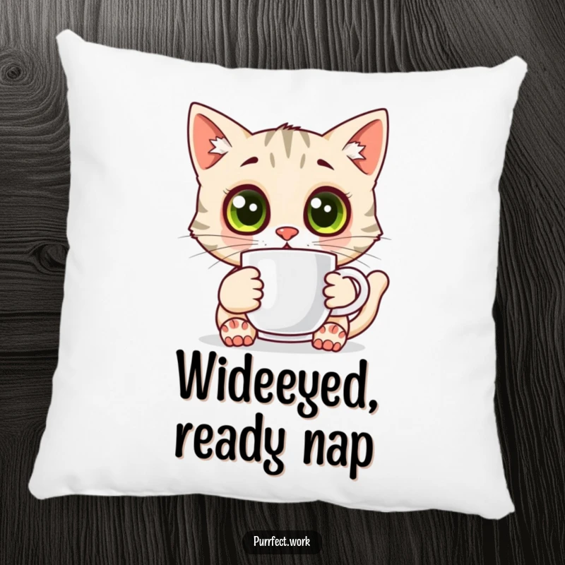 Funny surprised cat pillow, a cat with wide eyes holding a coffee mug, soft and decorative accent.