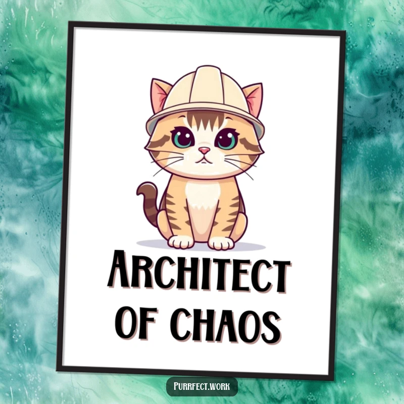 Funny cat digital art print of a cat wearing a small construction hard hat, exuding focus and readiness.