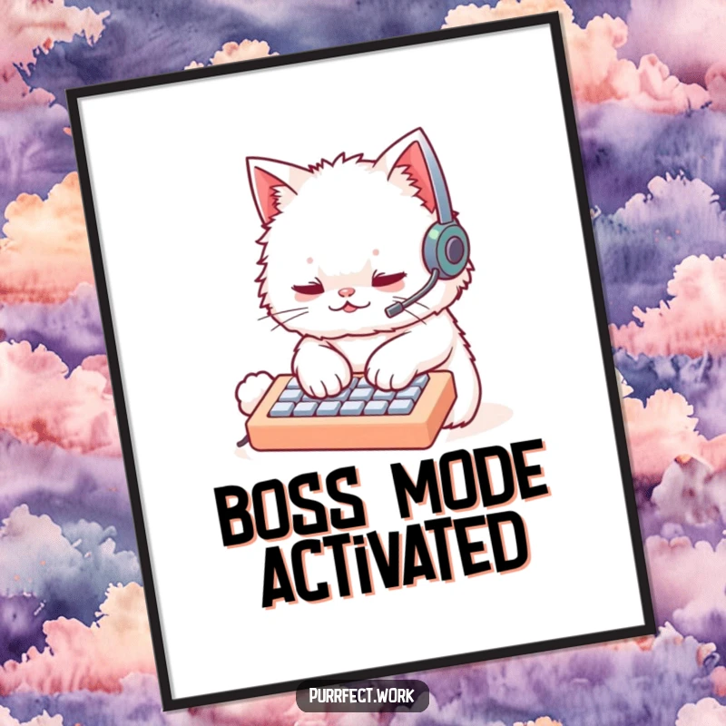 Funny fluffy white cat with a headset, rapidly typing on a tiny keyboard, available as a high-resolution digital art print. Techie humor.