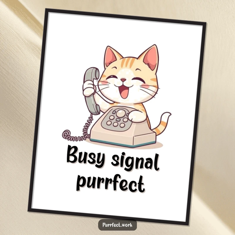 Funny digital art printable of an eager cat answering a ringing phone, perfect for humorous and social wall decor.