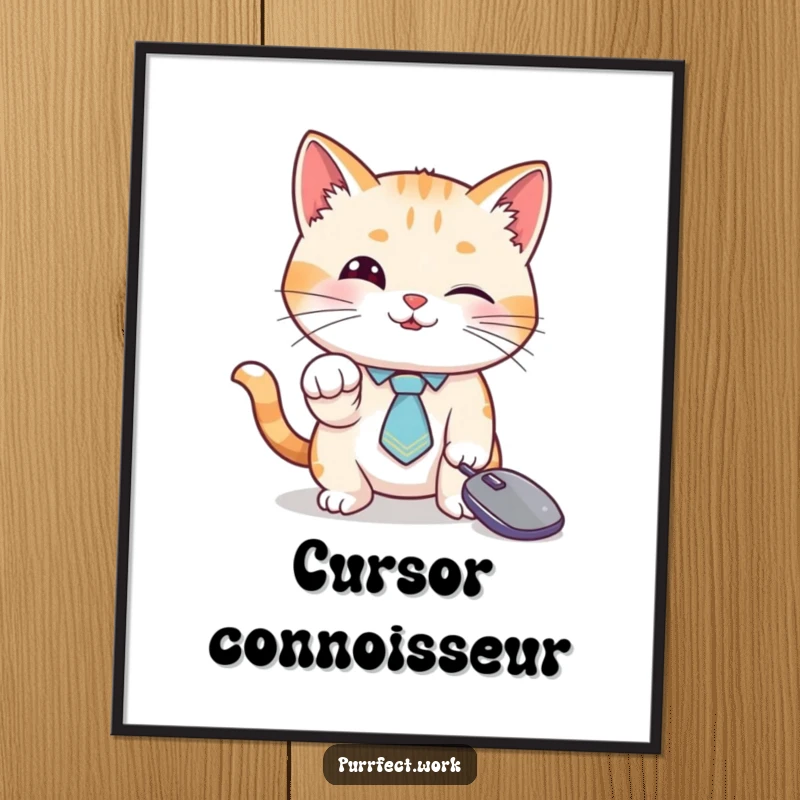 Funny cat digital art print, a cat in a tie batting a mouse cursor, vibrant and humorous for walls.