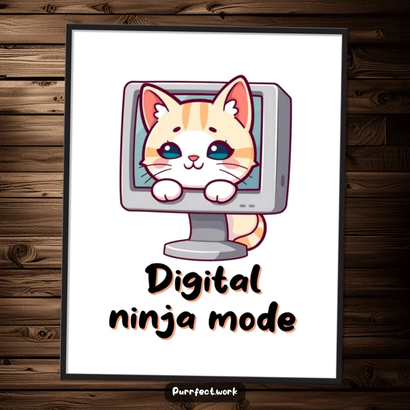 Funny cat digital art print of a sly cat hiding behind a computer monitor, its eyes full of playful intent.