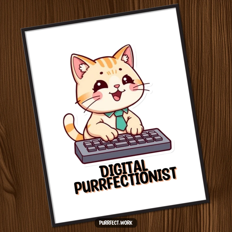 Funny digital art print of a cat wearing a tie, typing with intense focus on a computer keyboard.