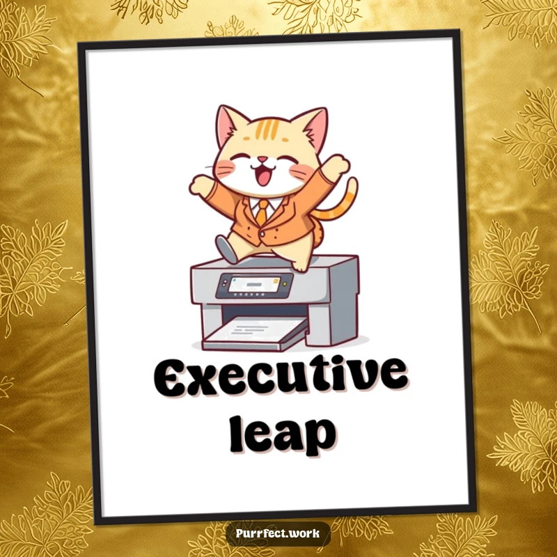 Funny cat digital art print, a cat in a suit jumping over a printer, vibrant and motivational.