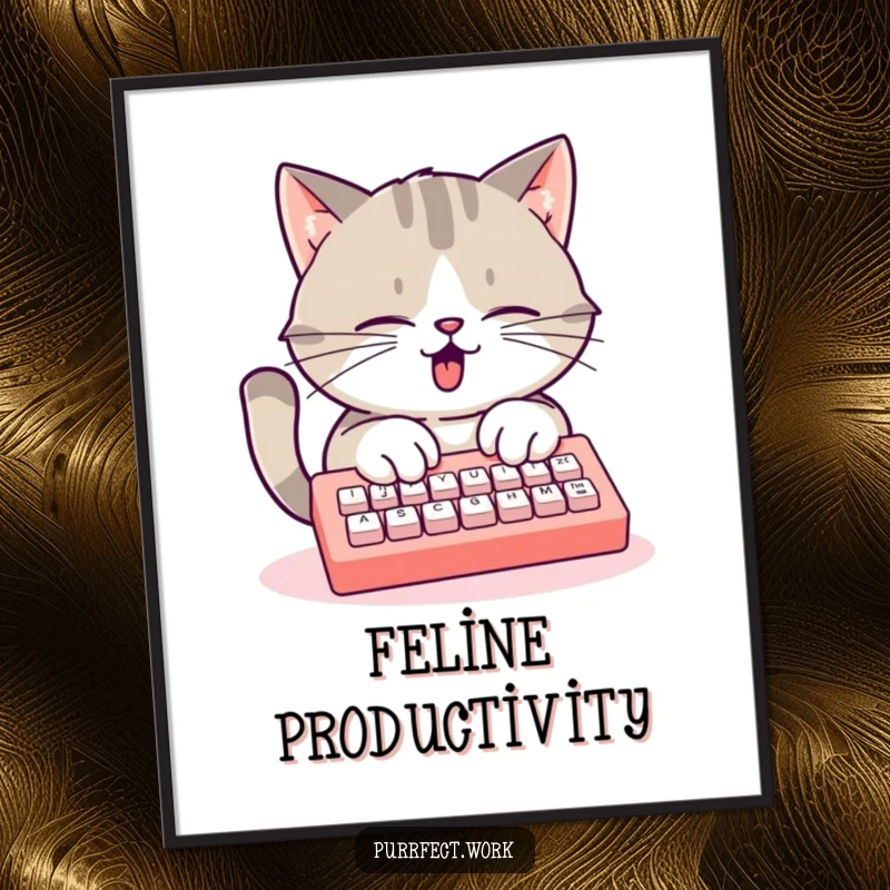Funny busy cat digital art print, a cat typing furiously on a mini keyboard, vibrant and motivational.