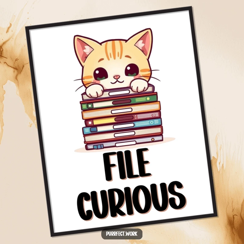 Funny digital art print of a curious cat peeking over office files, perfect for adding instant intrigue.