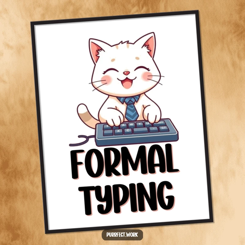 Funny digital art print of a smiling cat character wearing a tiny tie, typing on a keyboard, ready for instant download.
