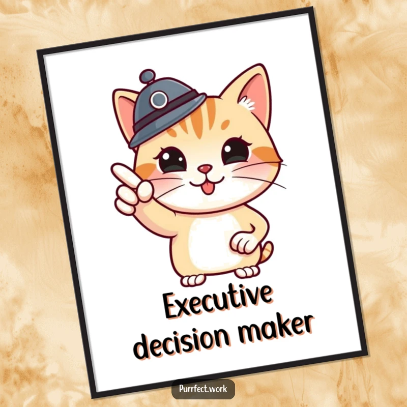 Funny boss cat digital art print, a proud cat boss pointing at a whiteboard, motivational and humorous artwork for instant download.