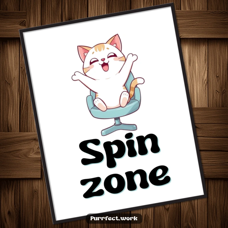 Funny digital art print of an enthusiastic cat bouncing wildly on a swivel chair, conveying pure joy and energetic feline humor instantly.