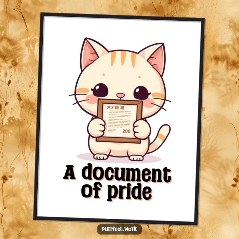 Funny cat achievement digital art print showing a proud cat displaying a framed document, celebrating success and milestones with humor and artistic flair.