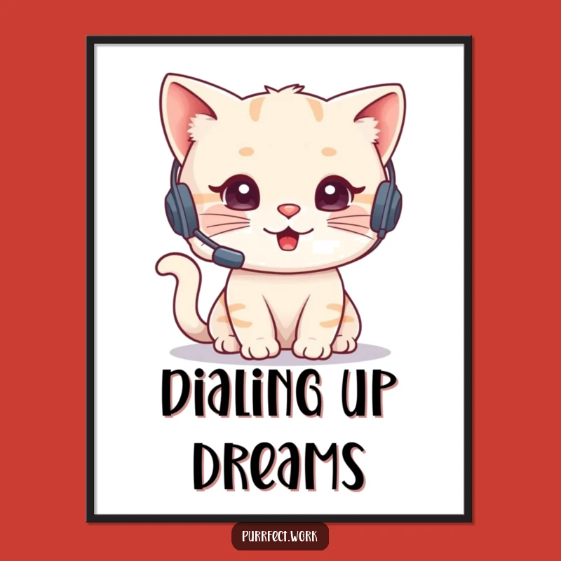 Funny Cat Agent Digital Art Print - Headset Phone Decor Gift