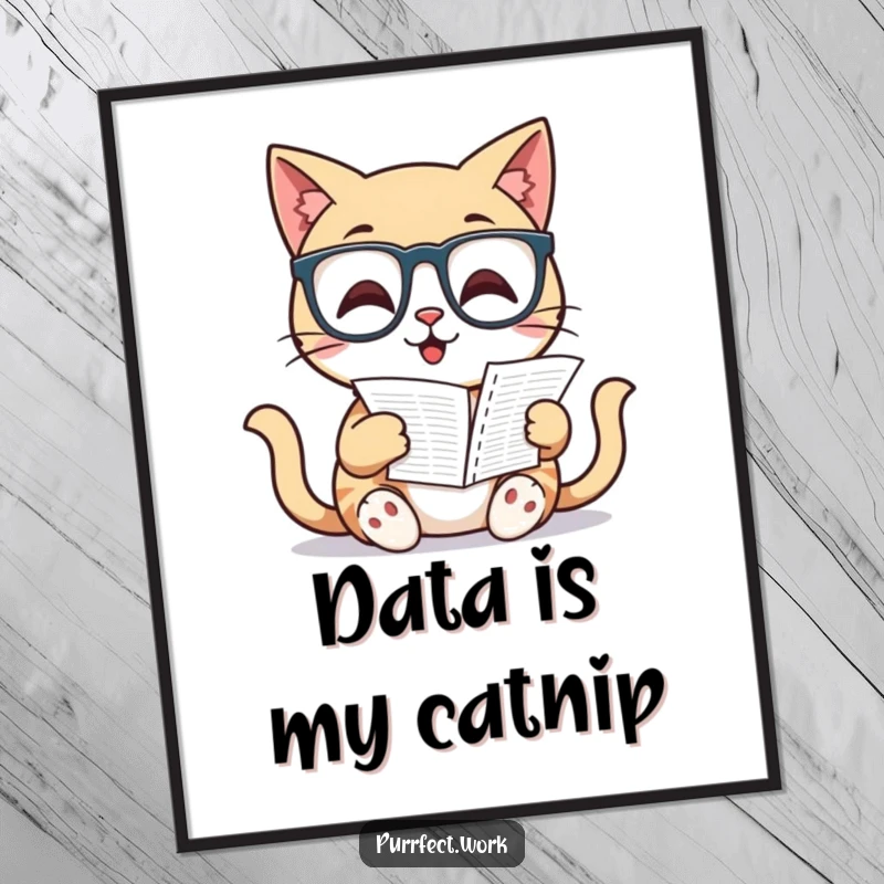 Funny Cat Digital Art: A clever cat wearing glasses analyzes a spreadsheet, perfect for humorous wall decor download.