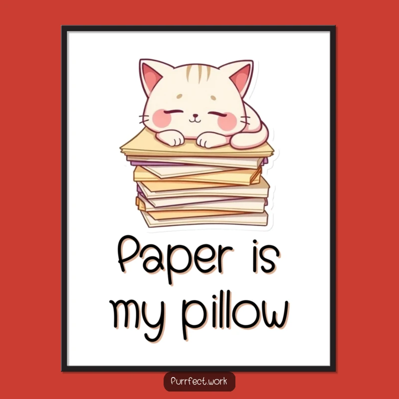 Funny Cat Art Print: Sleepy Feline on Papers, Instant Download Gift