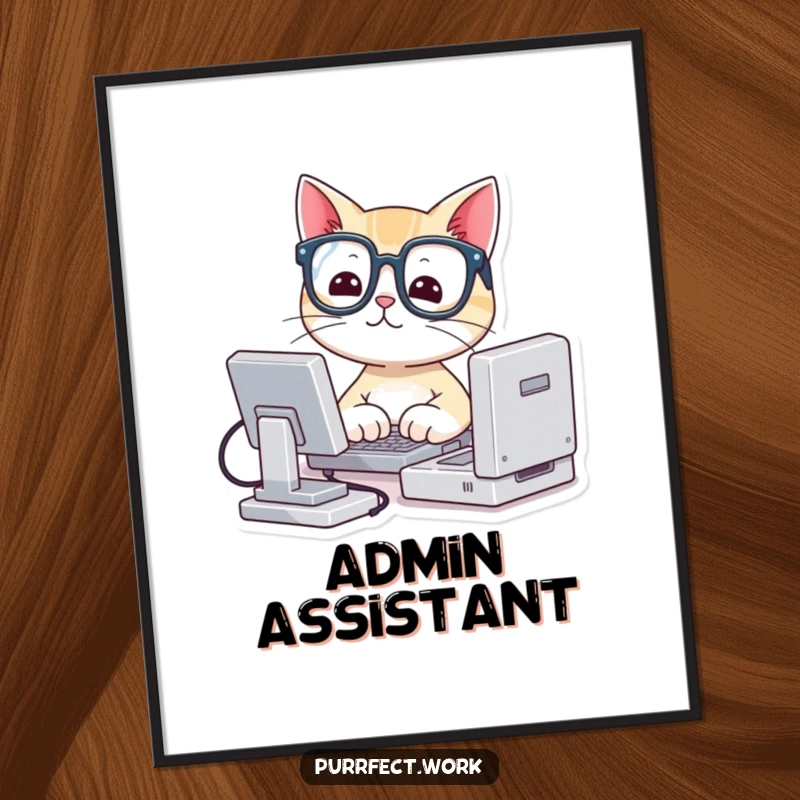 Funny digital art print of a cute cat in tiny glasses, typing on a miniature computer, perfect for virtual backgrounds.