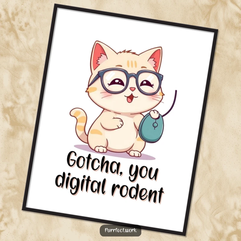 Funny digital art print of a playful cat wearing glasses batting a computer mouse, for immediate wall decor.