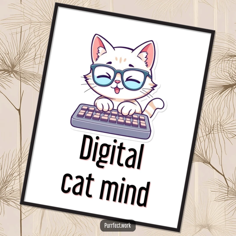 Funny digital art print of a cat wearing glasses, typing with great enthusiasm on a keyboard, celebrating intellect and feline focus.