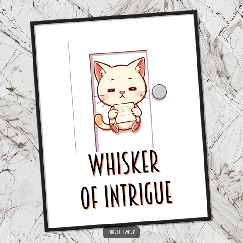 Funny digital art of a mischievous cat slipping a tiny memo under an office door, perfect for mysterious digital spaces.