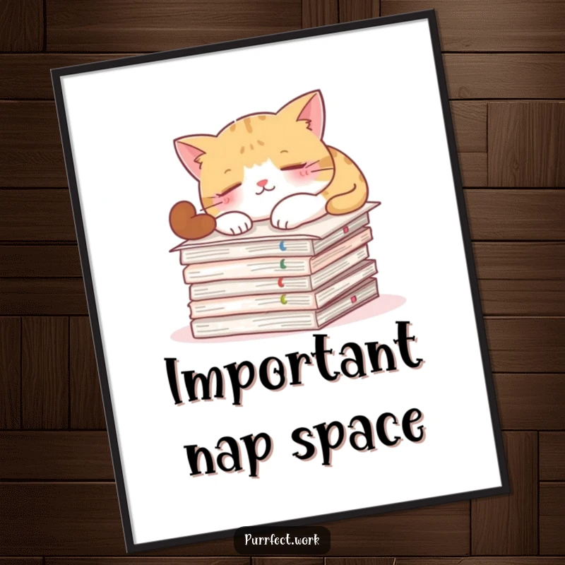 Funny digital art print of a cat napping on important documents, perfect for office or home decor.
