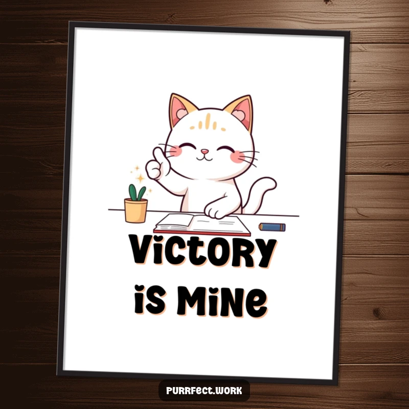 Funny digital art print of a cat at a desk giving a triumphant thumbs-up, embodying success and celebration.