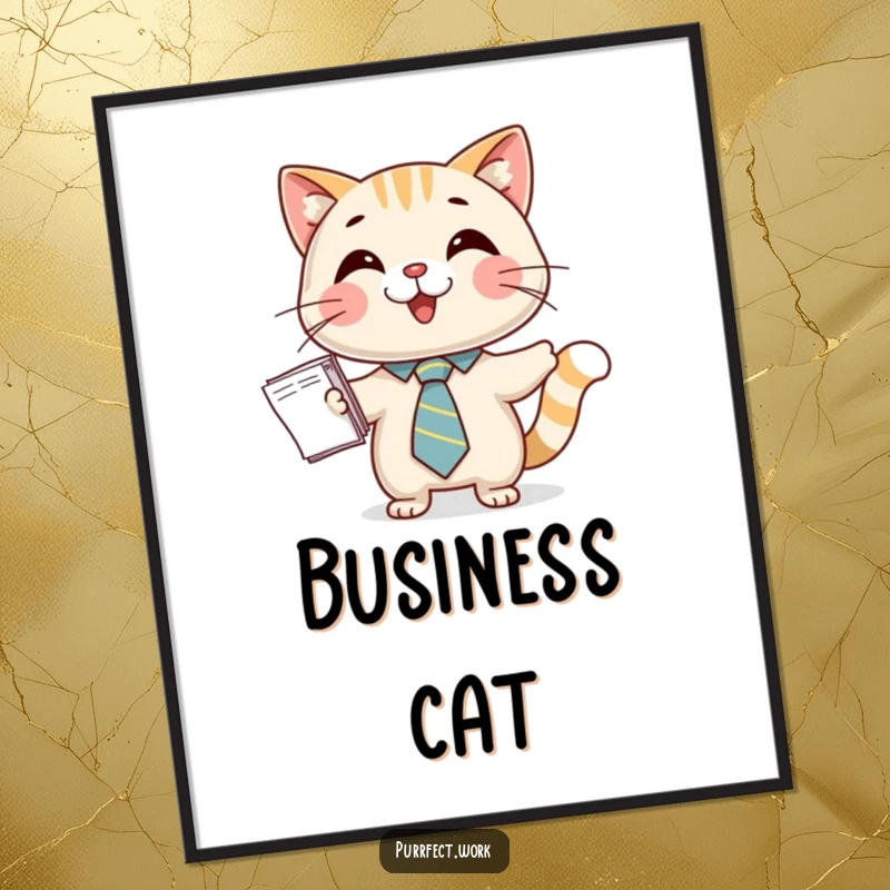 Funny digital art of a happy cat wearing a tie, presenting papers, perfect for adding a professional and humorous touch to screens.
