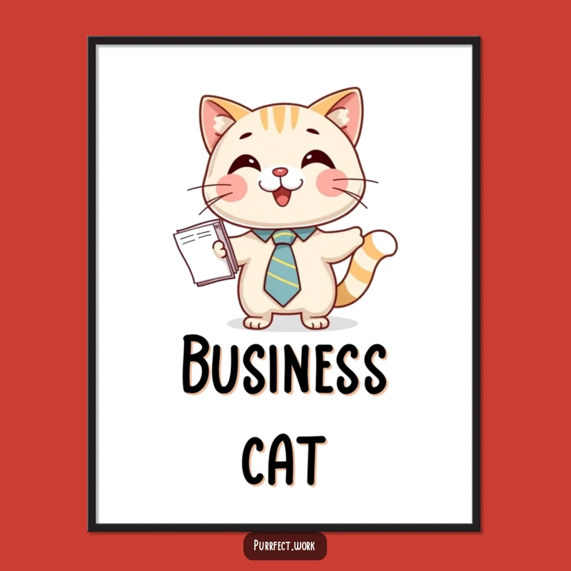 Funny Cat Tie Digital Art: Happy Business Cat Presenting Papers, Office Decor