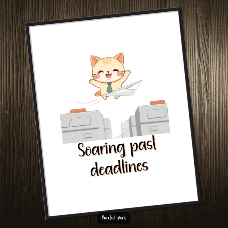 Funny digital art print of a joyful cat in a tie flying a paper airplane over cubicles, perfect for instant decor.