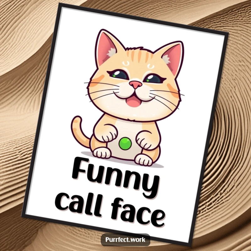 Funny digital art print of a cat making a funny face during a video call, perfect for WFH decor.