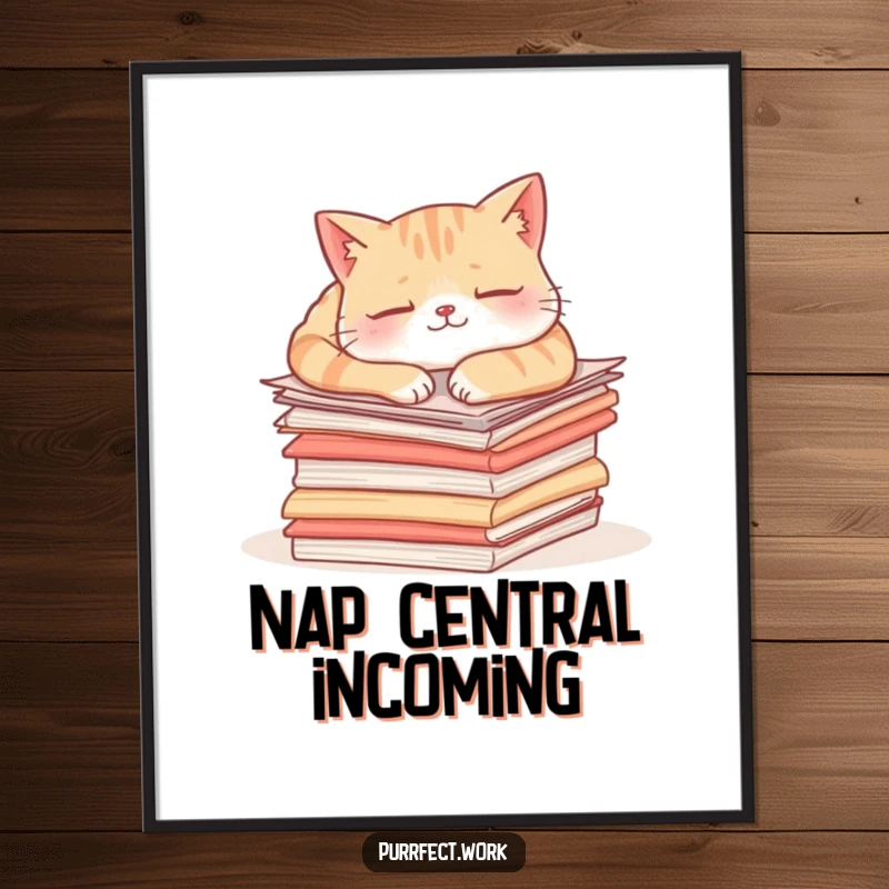 Funny content cat digital art print of a sleepy cat on papers, ideal for adding instant humor to home or office decor.