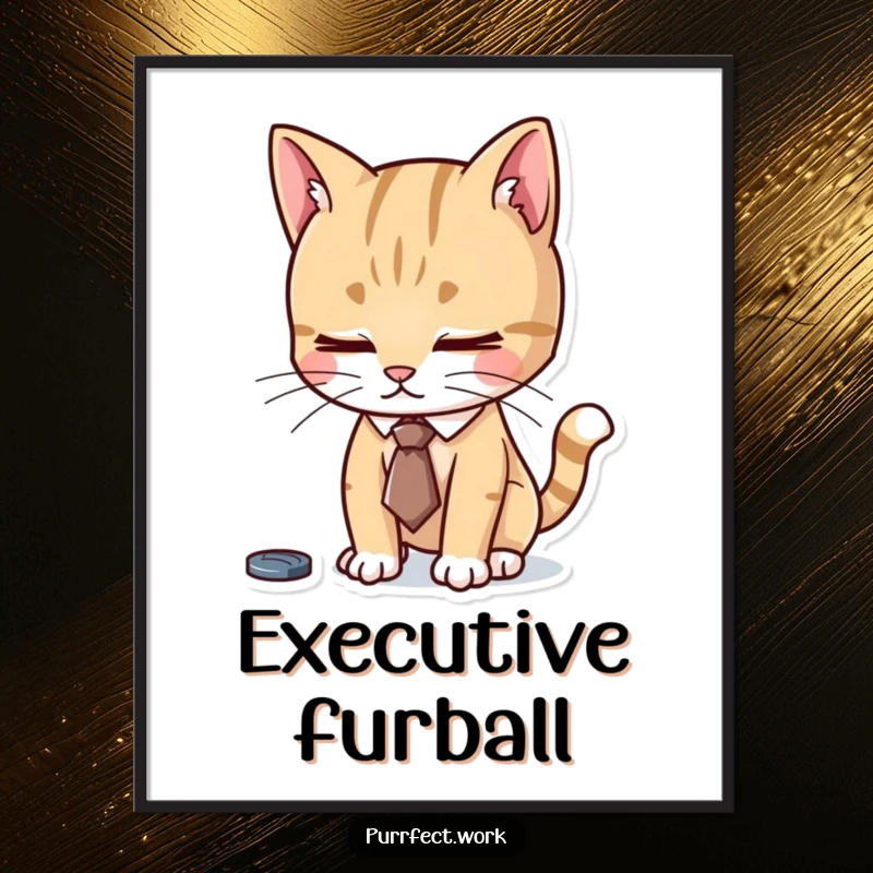 Funny digital art print of a cat wearing a tiny tie, looking diligently focused, perfect for adding professional humor to any wall.