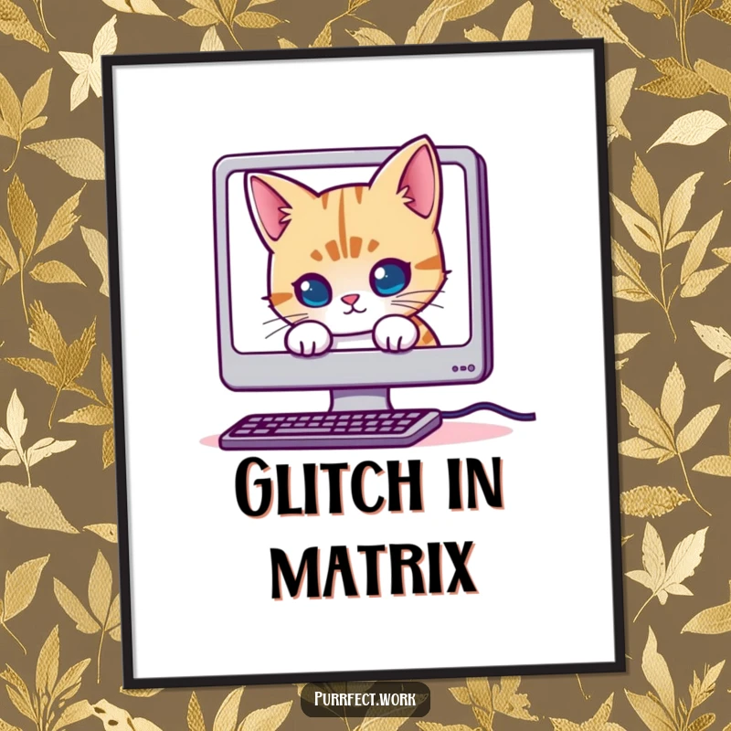 Funny Mischievous Cat Digital Art Print: A humorous illustration of a cat peeking from behind a computer screen, ideal for tech-themed decor.