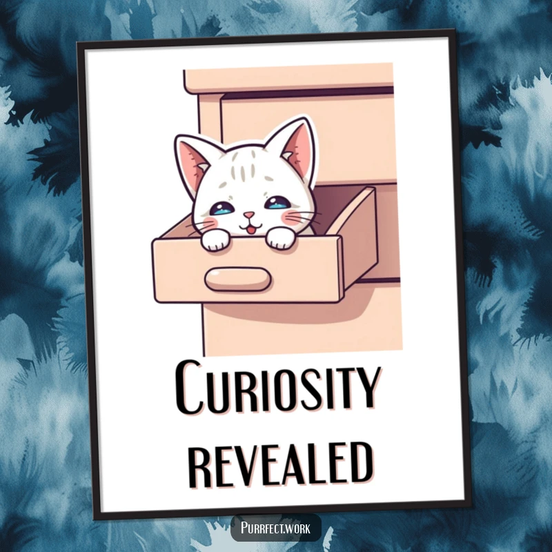 Funny Peek-a-Boo Cat Digital Art Print: A whimsical digital illustration of a curious cat peeking out from a desk drawer.