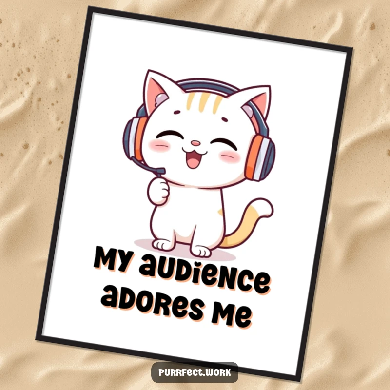 Funny digital art print of a happy cat wearing headphones enthusiastically presenting, for immediate wall decor.
