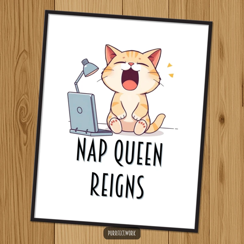 Funny cat digital art print of a very sleepy cat yawning widely at its desk, conveying deep exhaustion.