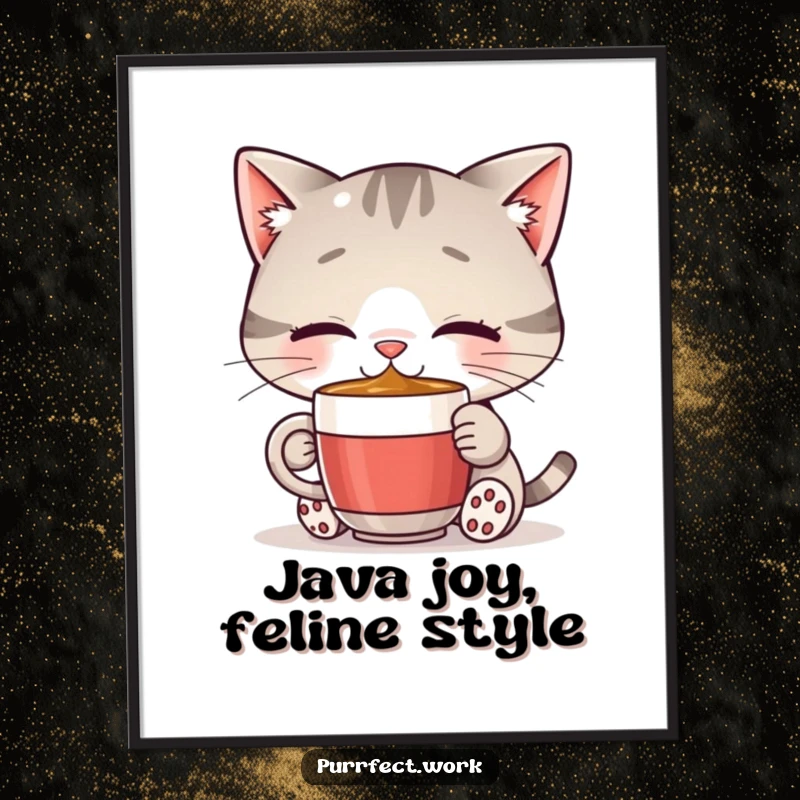 Funny cat coffee digital art print capturing a content cat enjoying a miniature mug, radiating happiness and morning cheer, ideal for cheerful decor.