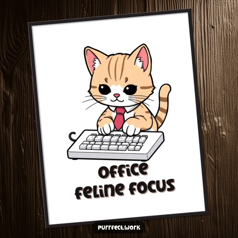 Funny digital art printable of a cat in a tie, typing rapidly on a computer, perfect for humorous office or home decor.