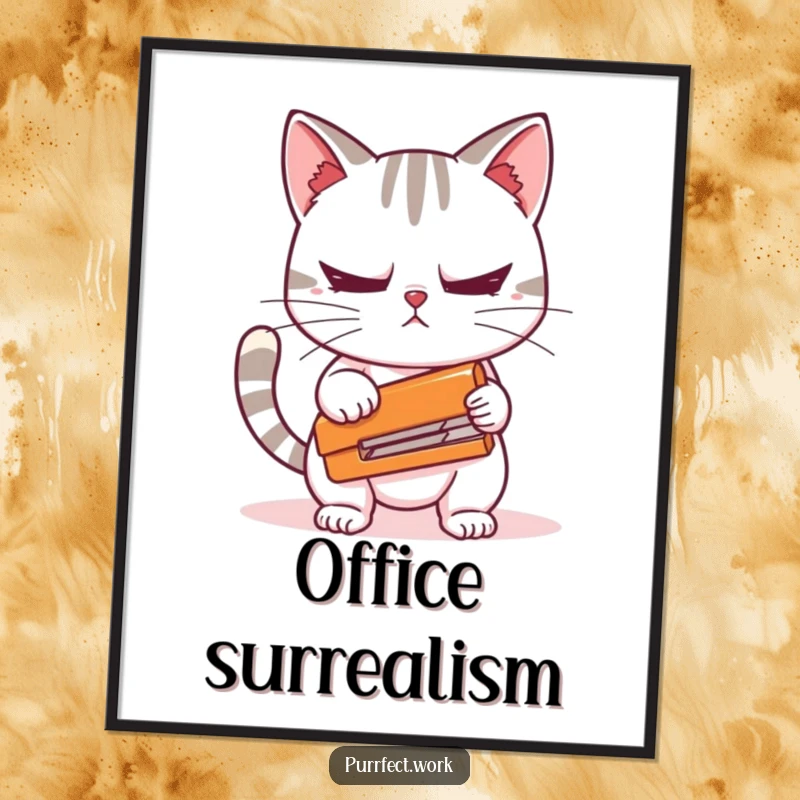 Funny digital art print of a cat character nervously holding a stapler, ideal for instant wall decor and as a humorous printable gift.