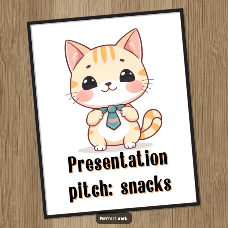 Funny cat presentation digital art print featuring a cheerful cat character in a tie, animatedly giving a presentation.